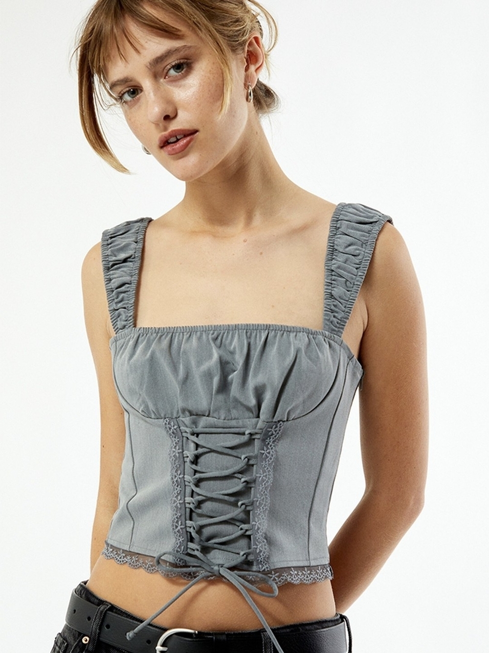 LA Hearts Kacey Lace Up Denim Crop Top M #0249